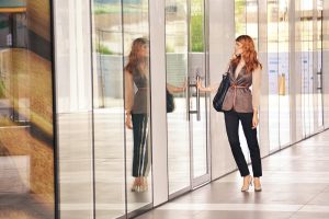 business woman at door